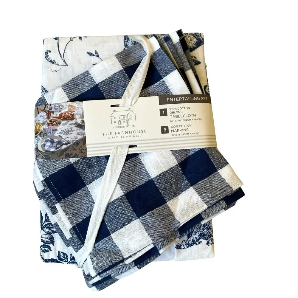 9pc Farmhouse Easter Bunny Tablecloth 60x104 Gingham Napkin Set Blue White NEW